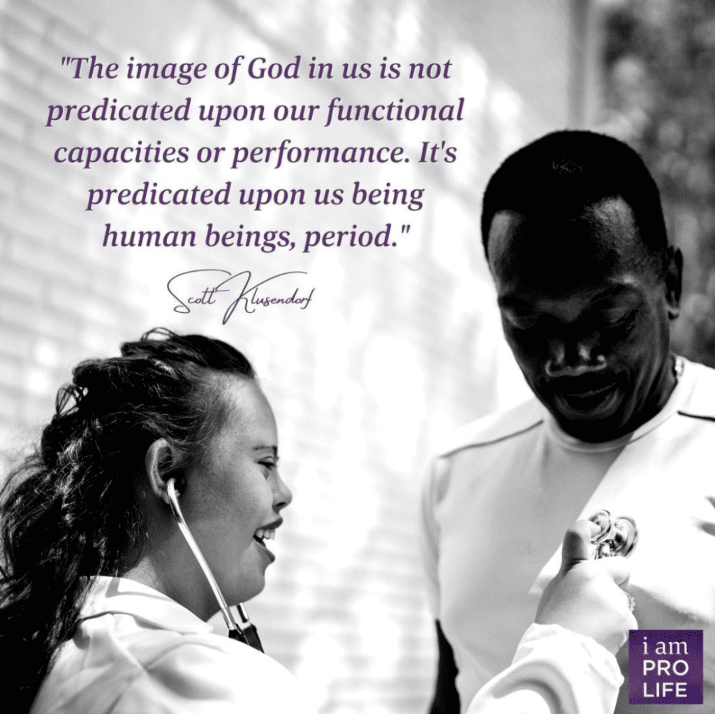 A quote about disability inclusion and the image of God as a young girl with down syndrome plays doctor.